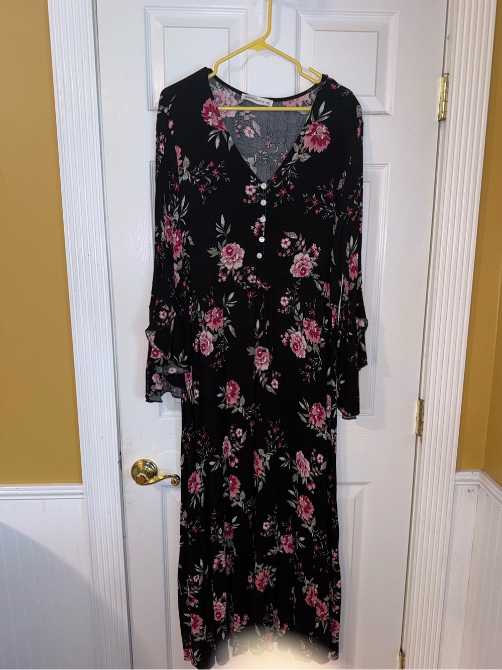Black Floral V-Neck Bell Sleeve Dress - Pink Floral Print